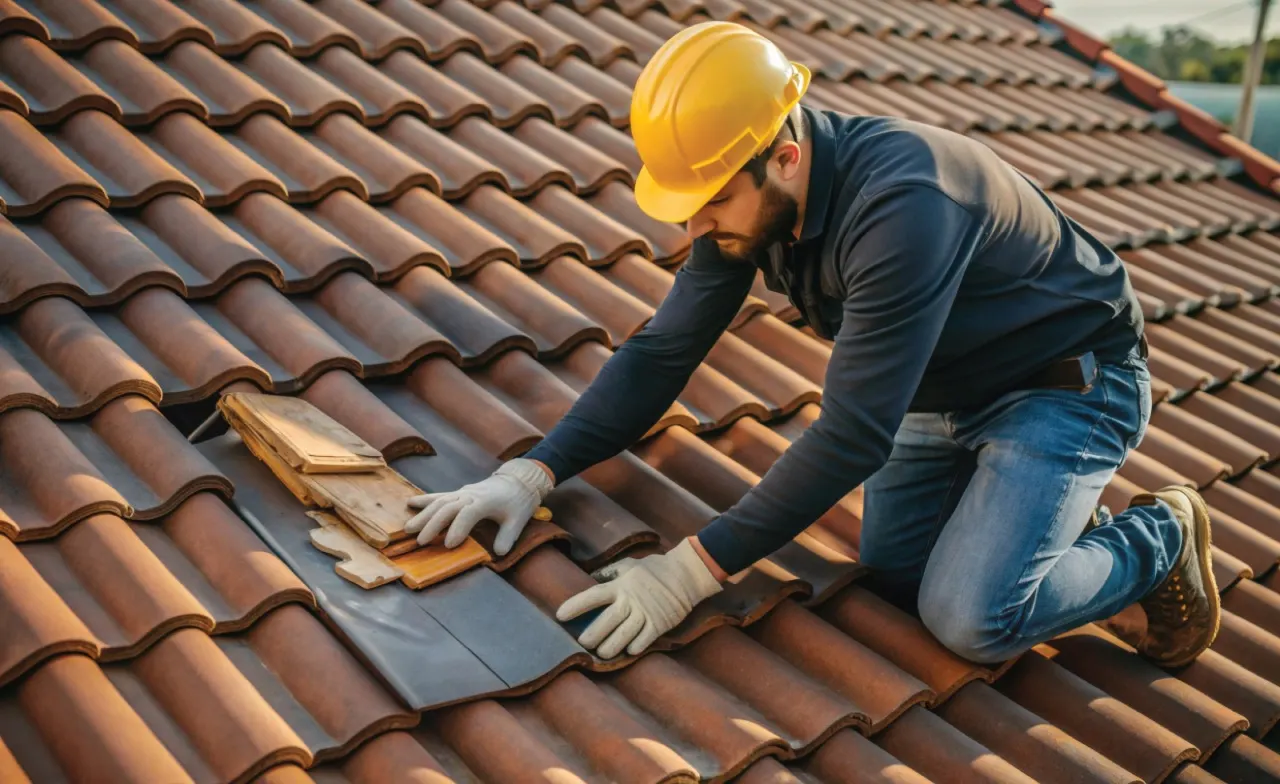 Roofer repairing clay tiles
